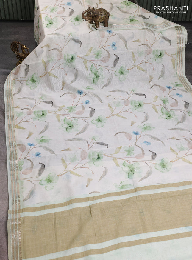 Mul chanderi saree off white and pastel green with allover floral digital prints and zari woven border