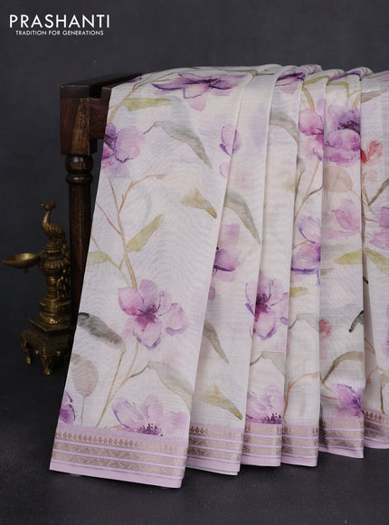 Mul chanderi saree off white and baby pink with allover floral digital prints and zari woven border