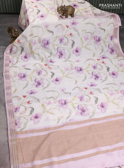 Mul chanderi saree off white and baby pink with allover floral digital prints and zari woven border