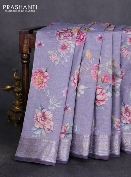 Mul chanderi saree grey with allover floral digital prints and zari woven border
