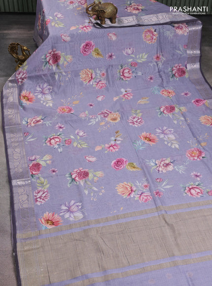 Mul chanderi saree grey with allover floral digital prints and zari woven border