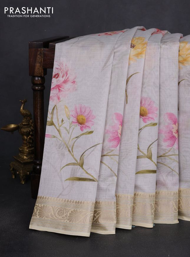 Mul chanderi saree sandal and off white with allover floral digital prints and zari woven border