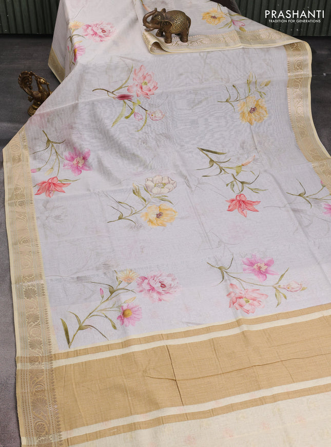Mul chanderi saree sandal and off white with allover floral digital prints and zari woven border