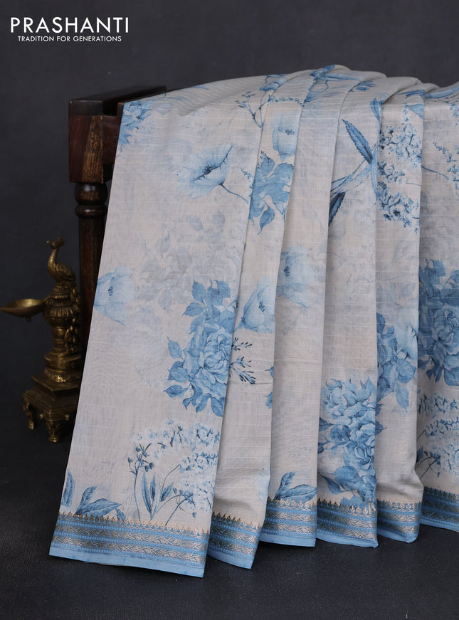 Mul chanderi saree pastel blue and off white with allover floral digital prints and zari woven border