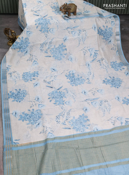 Mul chanderi saree pastel blue and off white with allover floral digital prints and zari woven border