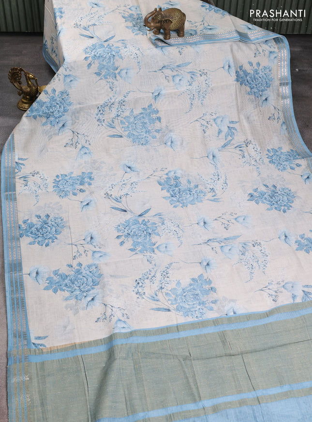 Mul chanderi saree pastel blue and off white with allover floral digital prints and zari woven border