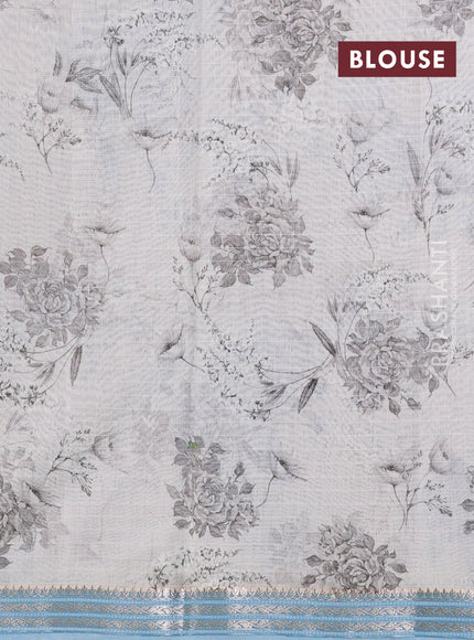 Mul chanderi saree pastel blue and off white with allover floral digital prints and zari woven border