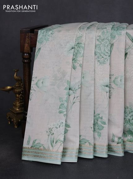 Mul chanderi saree pastel green and off white with allover floral digital prints and zari woven border