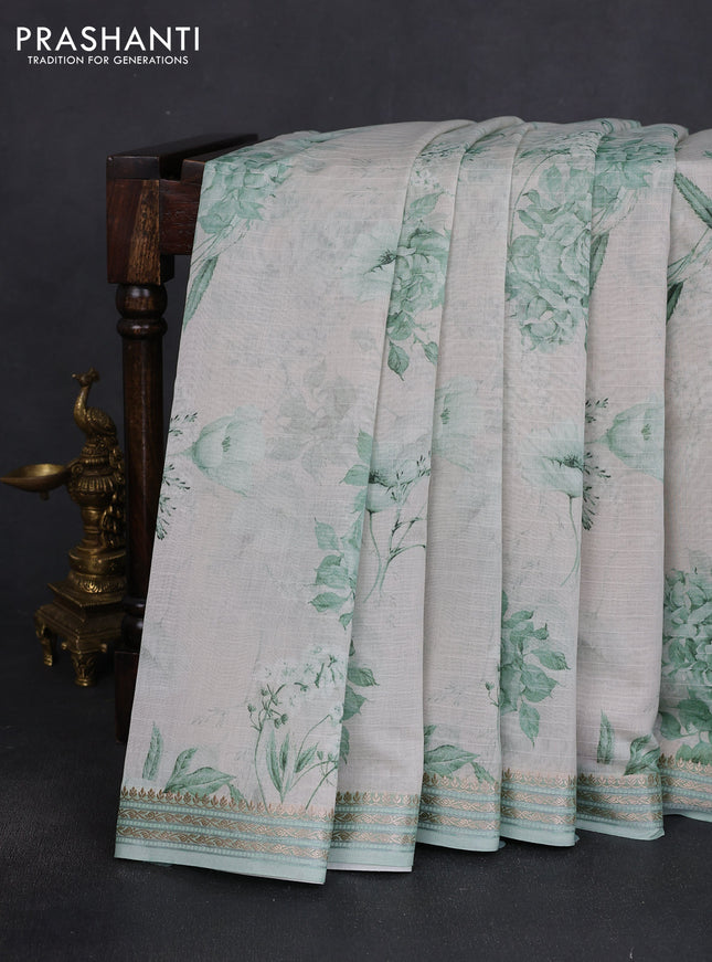 Mul chanderi saree pastel green and off white with allover floral digital prints and zari woven border
