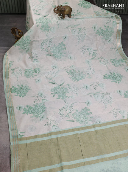 Mul chanderi saree pastel green and off white with allover floral digital prints and zari woven border