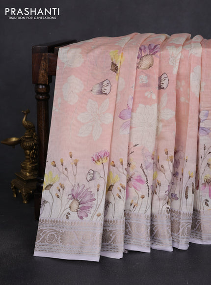 Mul chanderi saree mild peach and off white with allover floral digital prints and zari woven border