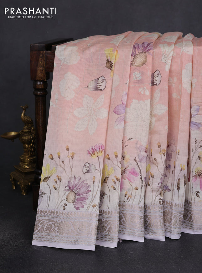 Mul chanderi saree mild peach and off white with allover floral digital prints and zari woven border