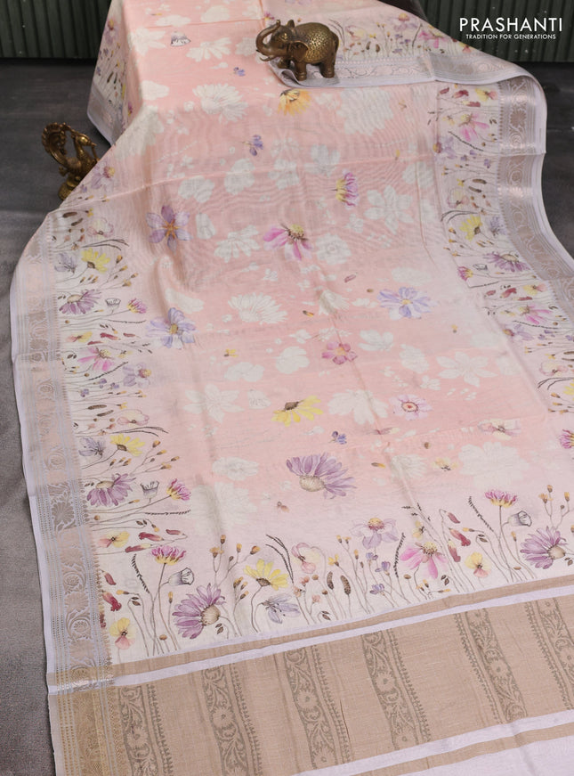 Mul chanderi saree mild peach and off white with allover floral digital prints and zari woven border