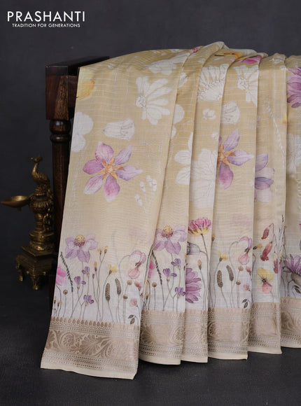Mul chanderi saree cream and sandal with allover floral digital prints and zari woven border