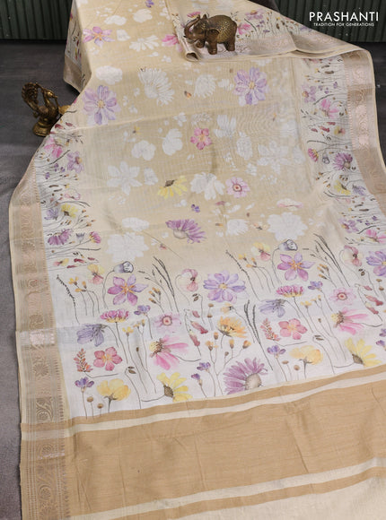 Mul chanderi saree cream and sandal with allover floral digital prints and zari woven border