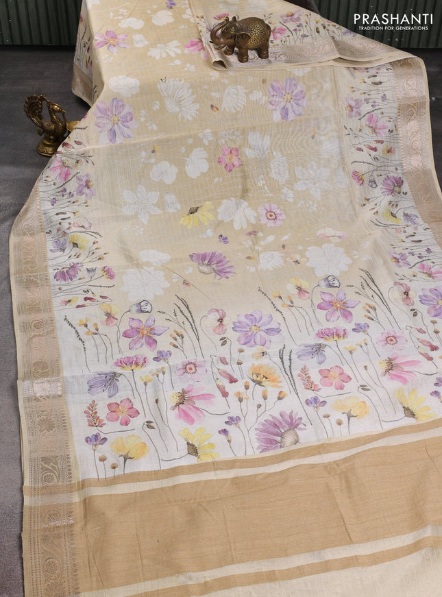 Mul chanderi saree cream and sandal with allover floral digital prints and zari woven border