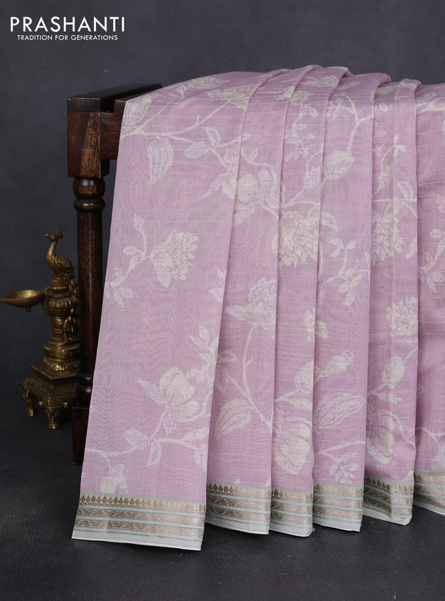 Mul chanderi saree lavender shade and pastel green with allover floral digital prints and zari woven border