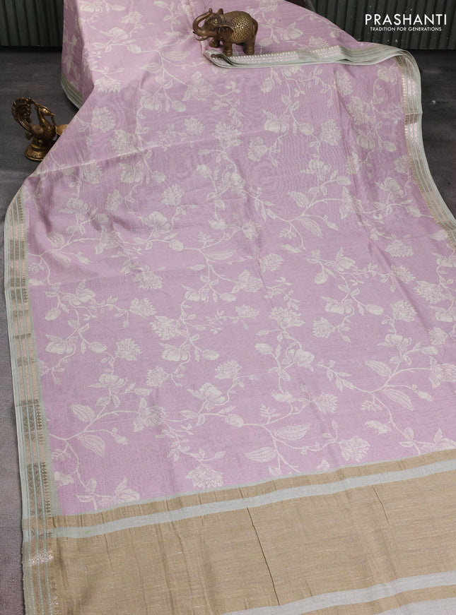 Mul chanderi saree lavender shade and pastel green with allover floral digital prints and zari woven border