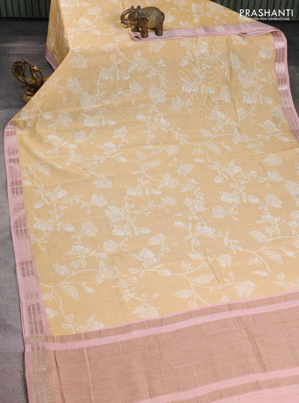 Mul chanderi saree sandal and pastel peach with allover floral digital prints and zari woven border