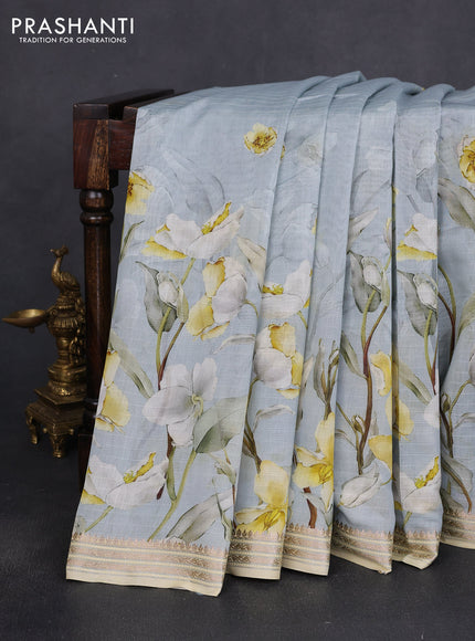 Mul chanderi saree pastel blue and sandal with allover floral digital prints and zari woven border