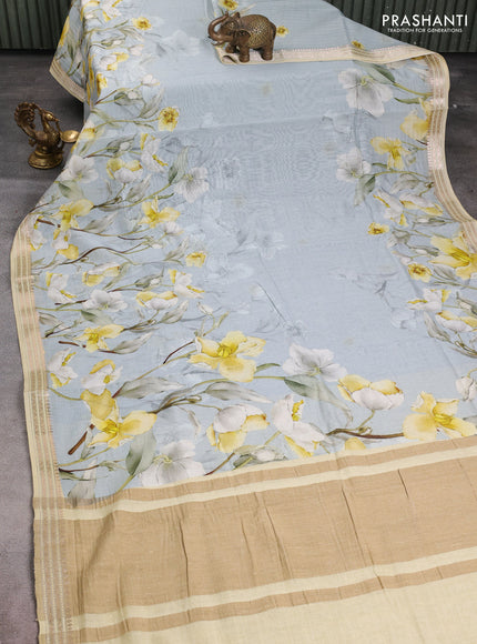 Mul chanderi saree pastel blue and sandal with allover floral digital prints and zari woven border