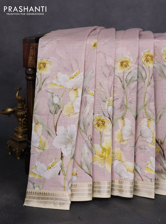 Mul chanderi saree pastel pink and sandal with allover floral digital prints and zari woven border