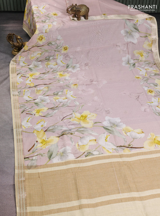 Mul chanderi saree pastel pink and sandal with allover floral digital prints and zari woven border