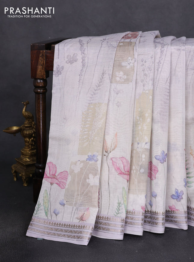 Mul chanderi saree cream and mild lavender with allover floral digital prints and zari woven border