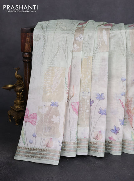 Mul chanderi saree cream and pastel green with allover floral digital prints and zari woven border