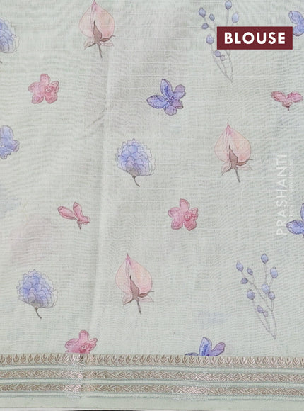 Mul chanderi saree cream and pastel green with allover floral digital prints and zari woven border