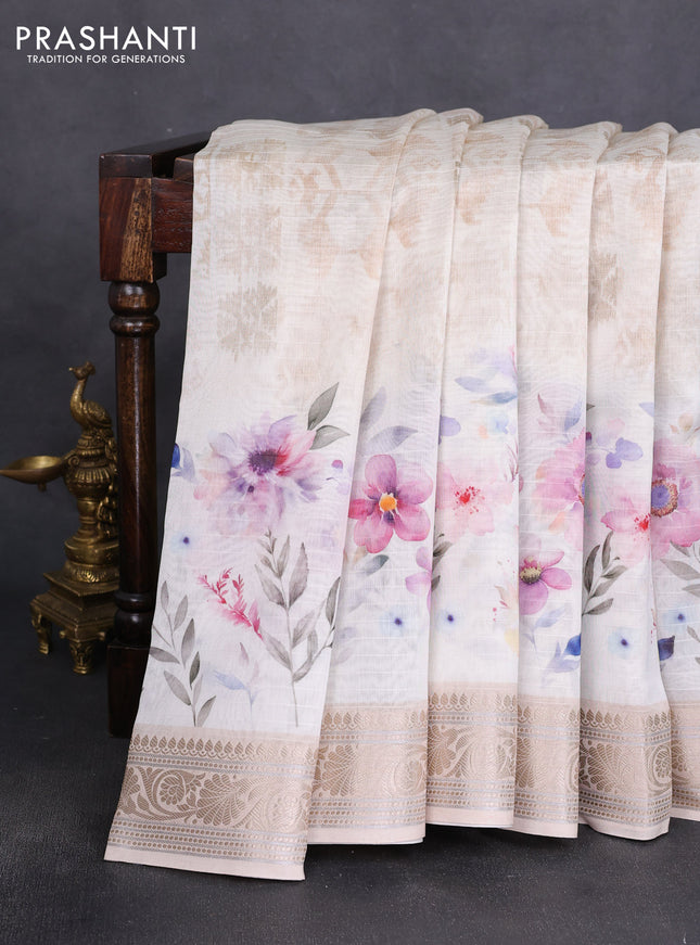 Mul chanderi saree off white and sandal with allover floral digital prints and zari woven border