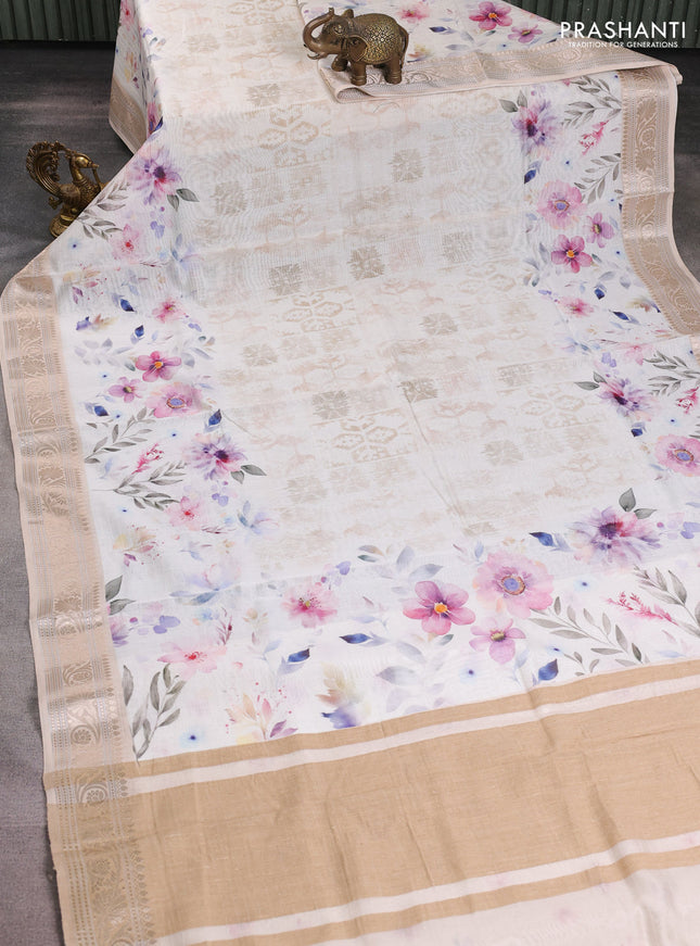 Mul chanderi saree off white and sandal with allover floral digital prints and zari woven border