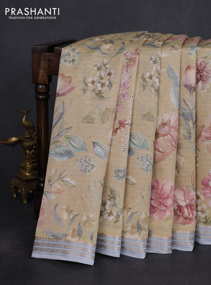 Mul chanderi saree sandal and pastel blue with allover floral digital prints and zari woven border