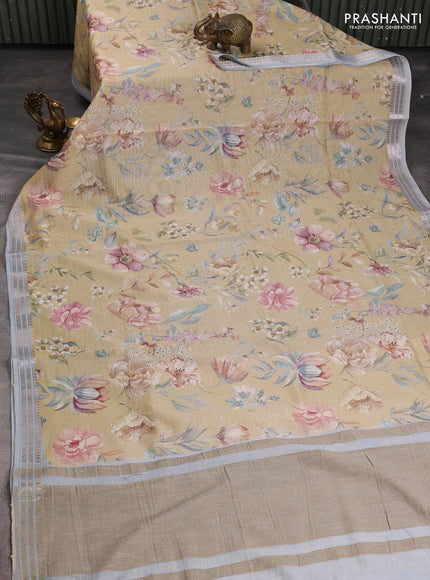 Mul chanderi saree sandal and pastel blue with allover floral digital prints and zari woven border