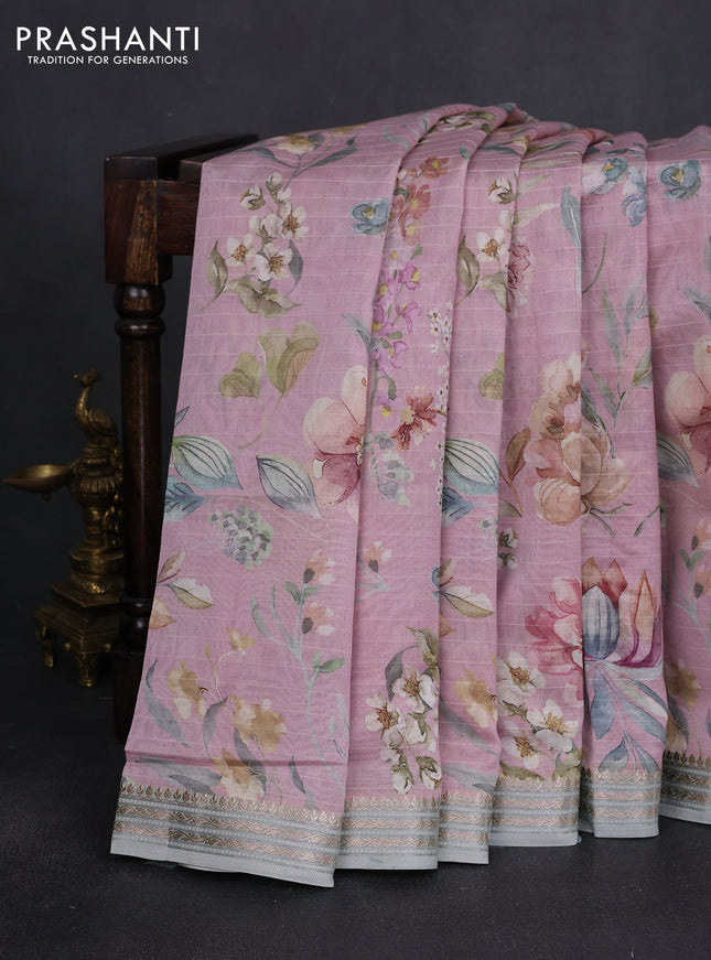 Mul chanderi saree pastel pink and pastel green with allover floral digital prints and zari woven border