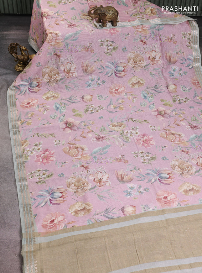 Mul chanderi saree pastel pink and pastel green with allover floral digital prints and zari woven border
