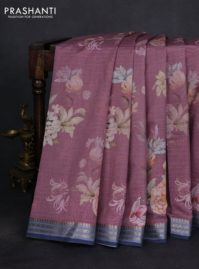 Mul chanderi saree pastel pink and grey with allover floral digital prints and zari woven border