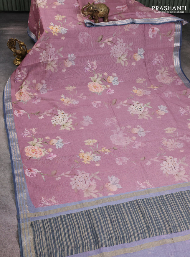 Mul chanderi saree pastel pink and grey with allover floral digital prints and zari woven border