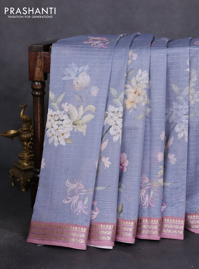 Mul chanderi saree grey and pastel pink with allover floral digital prints and zari woven border