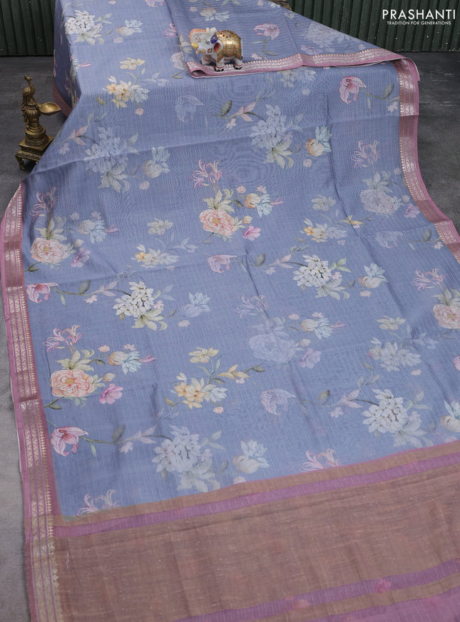 Mul chanderi saree grey and pastel pink with allover floral digital prints and zari woven border