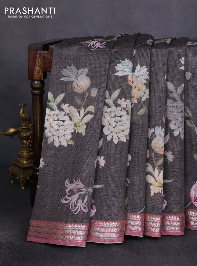 Mul chanderi saree elephant grey and mavue pink with allover floral digital prints and zari woven border