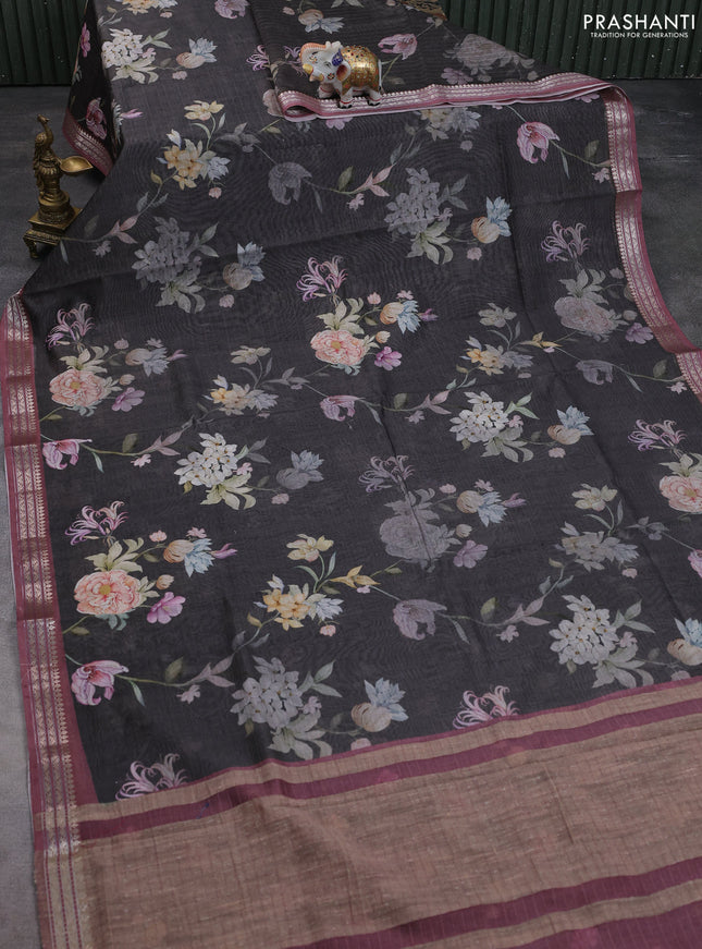 Mul chanderi saree elephant grey and mavue pink with allover floral digital prints and zari woven border