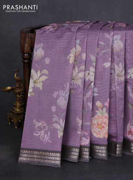 Mul chanderi saree purple and grey with allover floral digital prints and zari woven border