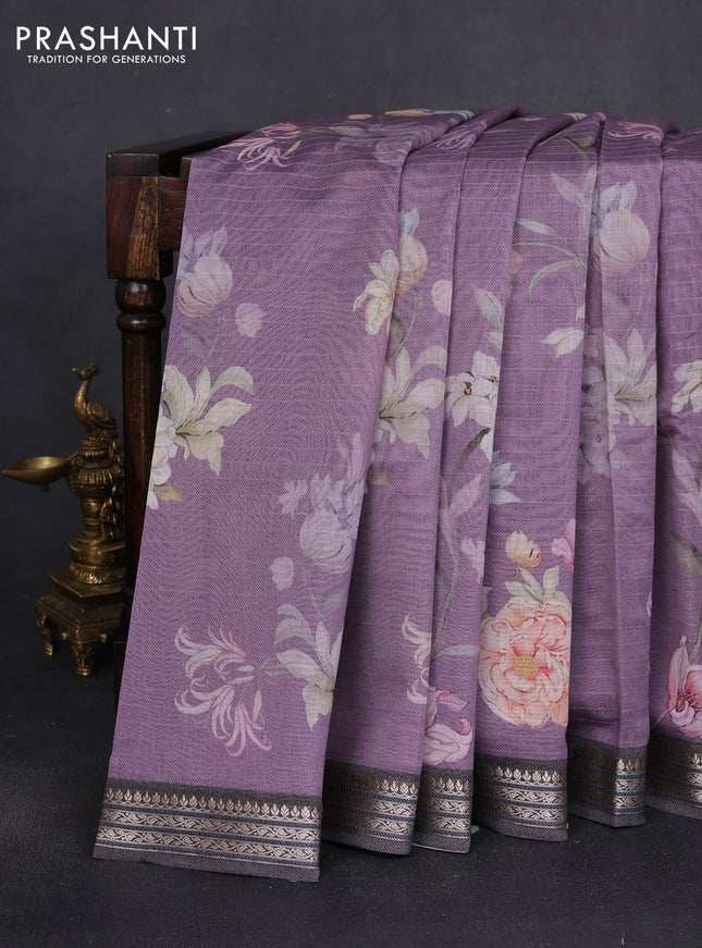 Mul chanderi saree purple and grey with allover floral digital prints and zari woven border