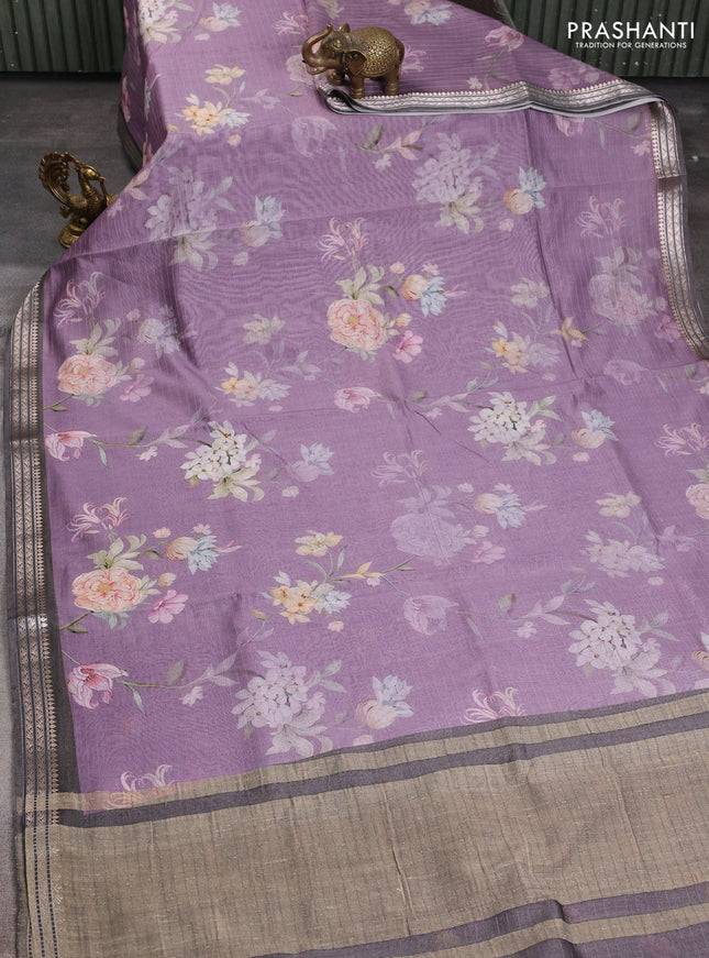 Mul chanderi saree purple and grey with allover floral digital prints and zari woven border