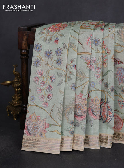 Mul chanderi saree pista green and sandal with allover floral digital prints and zari woven border
