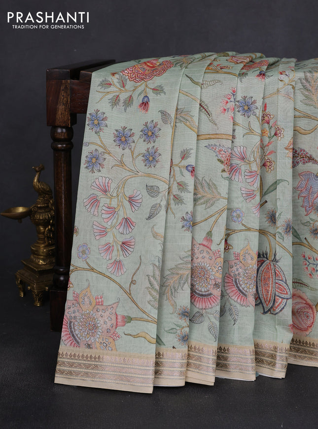 Mul chanderi saree pista green and sandal with allover floral digital prints and zari woven border