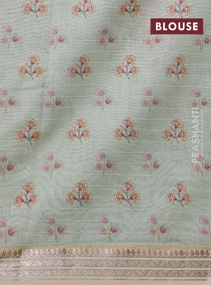 Mul chanderi saree pista green and sandal with allover floral digital prints and zari woven border