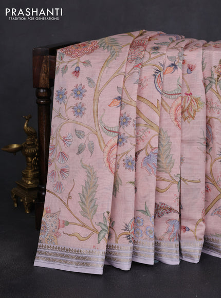 Mul chanderi saree baby pink and pastel lavender with allover floral digital prints and zari woven border