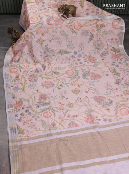 Mul chanderi saree baby pink and pastel lavender with allover floral digital prints and zari woven border
